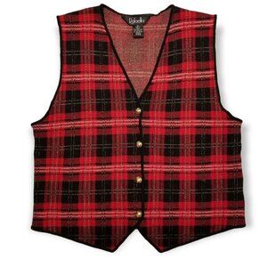 Vintage M Sweater Vest Merino Wool Red Plaid Gold Buttons Academia Grunge